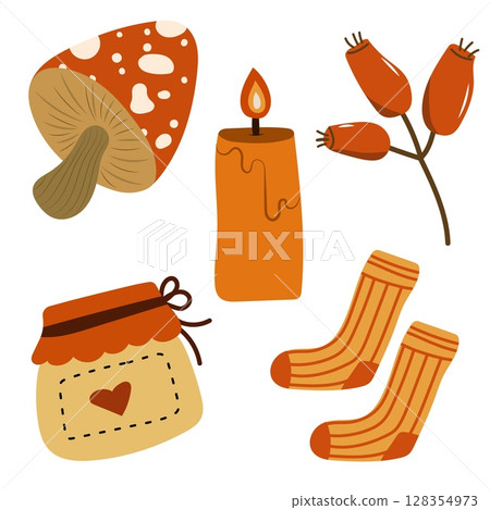 Autumn cozy elements set with mushroom, candle, berries and warm socks. Autumn cozy elements set with mushroom, candle, berries and warm socks. 128354973