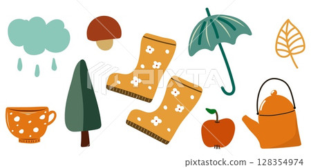 Autumn set for cozy rainy day. Cute autumn set with rubber shoes, umbrella, mushroom and apple. Autumn set for cozy rainy day. Cute autumn set with rubber shoes, umbrella, mushroom and apple. 128354974