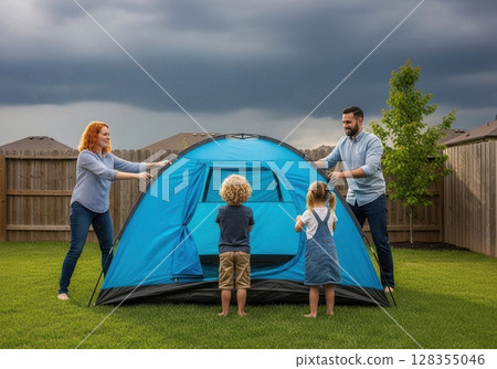 Setting up a tent in the backyard during stormy weather with family Setting up a tent in the backyard during stormy weather with family 128355046