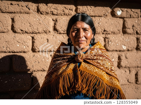 Woman wears a vibrant alpaca wool shawl in warm sunlight against adobe wall Woman wears a vibrant alpaca wool shawl in warm sunlight against adobe wall 128355049