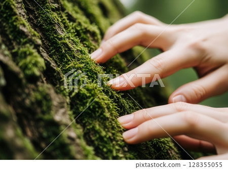 Fingers caress vibrant moss on an ancient tree trunk in a tranquil forest 128355055