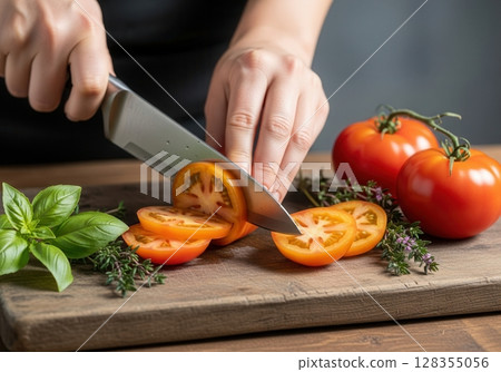 Slicing heirloom tomatoes with fresh herbs on a rustic cutting board in a kitchen 128355056