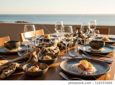 Driftwood table setting with handmade ceramics and rock salt crystals by the ocean at sunset 128355066