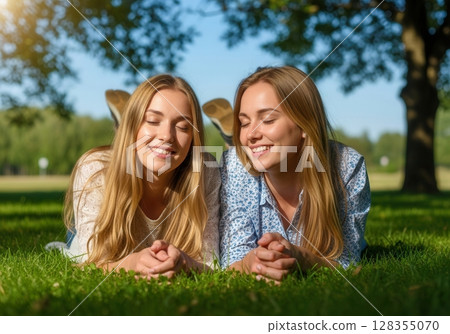 Couple enjoys a sunny day lying on the grass, smiling and holding hands 128355070