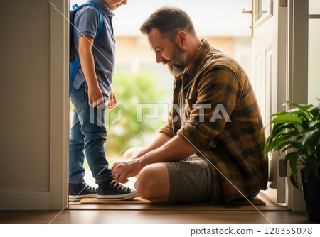 Father helping child tie shoes in the morning at home before school 128355078
