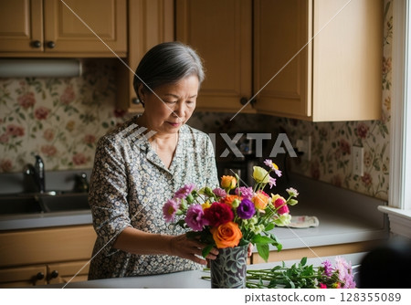 Woman arranges vibrant flowers in a warm toned kitchen with soft ambient light 128355089