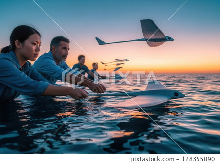 Engineers release white bio gliders over the ocean at sunset to reflect sunlight 128355090