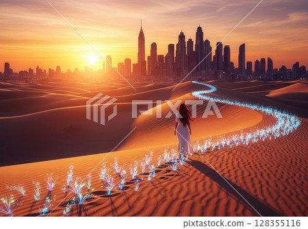 Lonely figure walks through desert toward futuristic city skyline at sunset 128355116