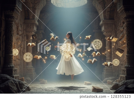 Meditation in a levitating rock chamber with floating books and mystical symbols 128355123