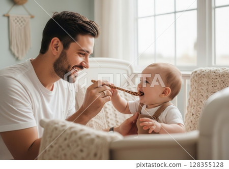 Cozy moment of father feeding baby with handcrafted wooden spoon in pastel nursery 128355128