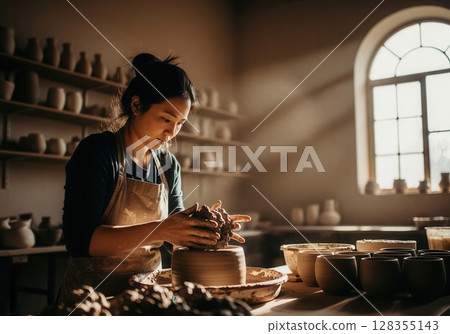 Crafting with clay in a warm, earthy studio filled with golden light and dust particles 128355143