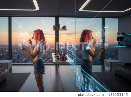 Girl applies makeup with help from translucent AI assistant in urban high-rise at sunset 128355145