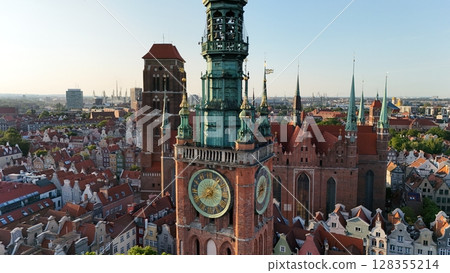Aerial photo taken by drone over the historic tourist center of Gdansk, the city hall and the cathedral on a summer day, Poland, Europe Aerial photo taken by drone over the historic tourist center of Gdansk, the city hall and the cathedral on a summer day, Poland, Europe 128355214