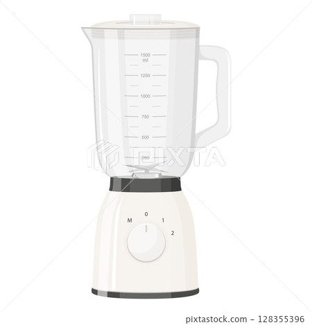 Kitchen blender with glass container. Food Processor. Electronic Kitchen appliance. Concept of Health food and drink. Vector Illustration isolated on background. 128355396