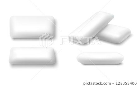 White mint chewing gum set for ads and package element, Chewing bubble gum mockups, Chewing pads isolated on white background, 3d vector realistic illustration 128355400
