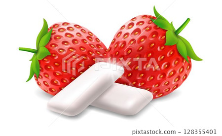 Strawberry chewing gum. Chewing pads with fresh ripe strawberry berry. Product placement detailed label design. Realistic 3d Vector illustration isolated on white background, 128355401