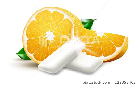 Realistic Fruit chewing gum pellet with orange flavor. Chewing pads with fresh ripe orange. Citrus bubble gum. Packaging design for branding. 3d vector 128355402