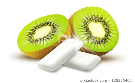 Realistic Fruit chewing gum pellet with kiwi flavor. Chewing pads with fresh ripe kiwi. Product placement detailed label design. Packaging design for branding. 3d vector 128355403