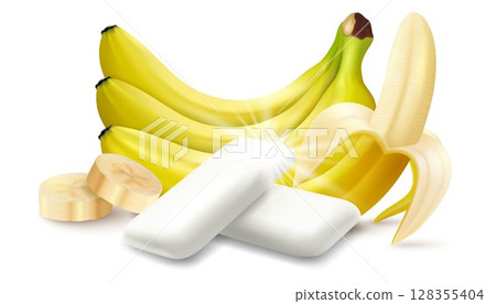 Realistic Fruit chewing gum pellet with banana flavor. Chewing pads with fresh ripe bananas. Product placement detailed label design. Packaging design for branding. 3d vector 128355404
