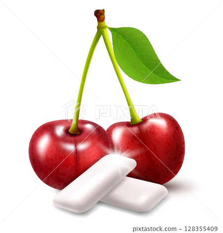 Realistic Pads of bubble gum with cherry flavour. Chewing gums for healthy teeth, fresh breathing and dental hygiene. Refreshing sweet candy, 3d vector isolated on white background. 128355409
