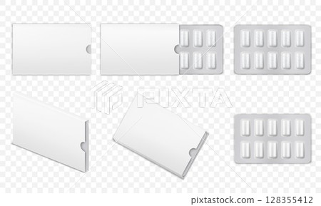 Realistic chewing gum. White 3D bubblegum mockup with blank blister. Chewy pills and teeth whitening plates. Chewing gum mockups, stripes, tablets in blister pack. Isolated vector illustration 128355412