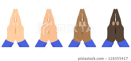 Hand pray symbol, isolated on white background. Folded hands of various skin tones vector icon set. Turning to God. Faith and Hope. Religious symbol. 128355417