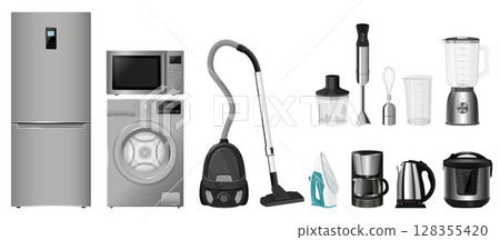 A set of household appliances: microwave oven, washing machine, refrigerator, vacuum cleaner, multi cooker, food processor, blender, iron. Realistic 3D vector, isolated illustration A set of household appliances: microwave oven, washing machine, refrigerator, vacuum cleaner, multi cooker, food processor, blender, iron. Realistic 3D vector, isolated illustration 128355420