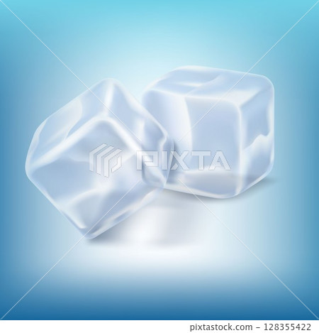 Set of realistic translucent ice cubes in blue color isolated on blue background. Cold frozen fresh water in square shape. Crystal block pieces for cocktails. 128355422