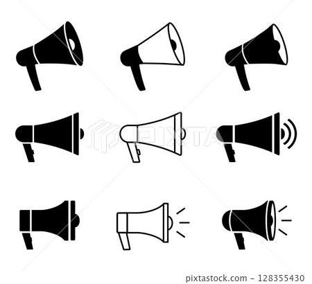 Megaphones icons. Speaker Sign Set. Circle button. Vector outline icon, isolated on white background Megaphones icons. Speaker Sign Set. Circle button. Vector outline icon, isolated on white background 128355430