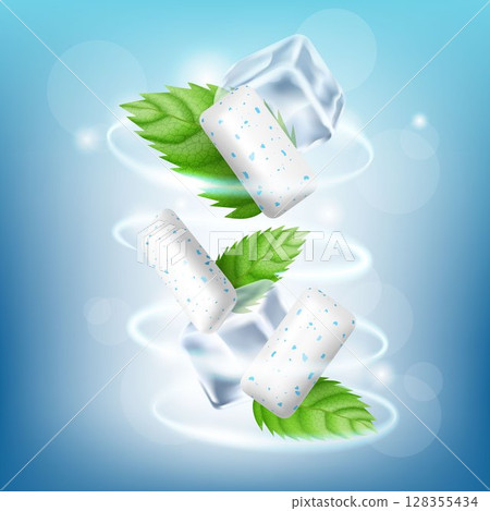 Chewing Gum Aromatic Creative Promo Banner Vector. Chewing Gum Pieces, Mint Green Leaves And Ice Cubes On Advertising Poster. Realistic 3d vector, isolated on white background. Template Illustration 128355434