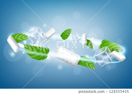 Chewing Gum Aromatic Creative Promo Banner Vector. Chewing Gum Pieces, Mint Green Leaves And Ice Cubes On Advertising Poster. Realistic 3d vector, isolated on white background. Template Illustration 128355435