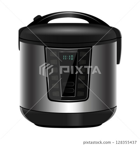 Modern metal Multicooker. Pressure cooker for cooking food under pressure. Electronic control. Kitchen household appliance isolated on white background Modern metal Multicooker. Pressure cooker for cooking food under pressure. Electronic control. Kitchen household appliance isolated on white background 128355437