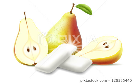 Realistic Fruit chewing gum pellet with pear flavor. Chewing pads with fresh ripe pears. Product placement detailed label design. Packaging design for branding. 3d vector 128355440