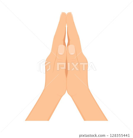 Human hands folded in prayer. Hand pray symbol, isolated on white background. Folded hands vector icon. Turning to God. Faith and Hope. Religious symbol. 128355441