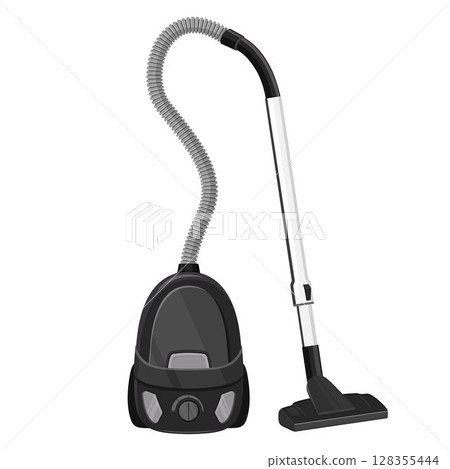 Flat image of house electric vacuum cleaner. Home appliance concept. Domestic hoover icon on white background. Front view. Realistic effect. Element for interior designs. Vector illustration. 128355444