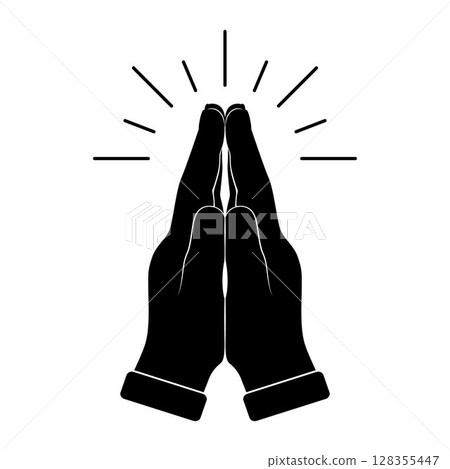 Human hands folded in prayer. Hand pray symbol, isolated on white background. Folded hands vector icon. Turning to God. Faith and Hope. Religious symbol. Human hands folded in prayer. Hand pray symbol, isolated on white background. Folded hands vector icon. Turning to God. Faith and Hope. Religious symbol. 128355447