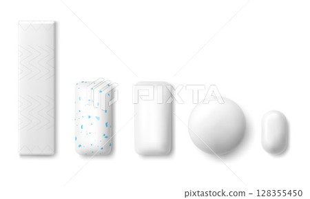 Set of realistic chewing gum of various shape in white color mint dragee. isolated on white background. 3D vector illustration Set of realistic chewing gum of various shape in white color mint dragee. isolated on white background. 3D vector illustration 128355450