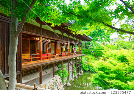 Kokura Castle Gardens: Shoin Building with young leaves and fresh greenery 128355477