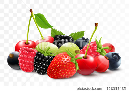 Mix of different berries, fresh assorted strawberry, raspberry, blackberry, gooseberry, cherry, currant, cranberry, and blueberry, isolated on white background. Realistic 3d vector illustration. 128355485