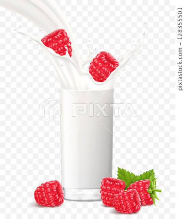 Raspberry falling in a glass of milk or yogurt. Sweet milk splashes. Fruit milkshake advertising banner, yogurt jet, flying drops, white drink in glass cup, Realistic 3d vector illustration, isolated Raspberry falling in a glass of milk or yogurt. Sweet milk splashes. Fruit milkshake advertising banner, yogurt jet, flying drops, white drink in glass cup, Realistic 3d vector illustration, isolated 128355501