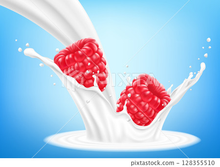 Fresh raspberry in a splash of milk or yogurt. Fresh berry falls into the milk. 3d realistic vector illustration, isolated on blue background. Sweet food. Organic fruit. Fresh raspberry in a splash of milk or yogurt. Fresh berry falls into the milk. 3d realistic vector illustration, isolated on blue background. Sweet food. Organic fruit. 128355510