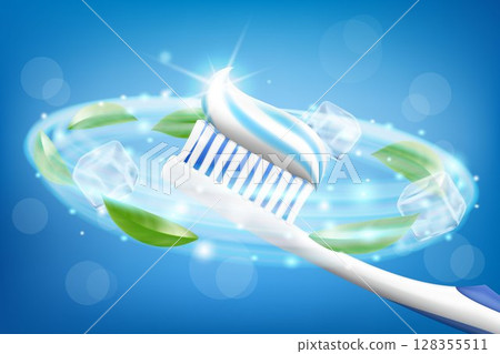 Toothpaste ads, refreshing mint. Toothpaste on toothbrush, mint leaves and ice cube. Drawn elements, realistic 3d vector illustration, cosmetics product, blur, blue background,sparkling effect Toothpaste ads, refreshing mint. Toothpaste on toothbrush, mint leaves and ice cube. Drawn elements, realistic 3d vector illustration, cosmetics product, blur, blue background,sparkling effect 128355511