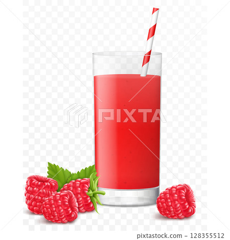 Glass of fresh raspberry juice with berries and striped straw for cocktails, isolated on transparent background. Smoothies of raspberry. Realistic 3d vector illustration for advertising your products Glass of fresh raspberry juice with berries and striped straw for cocktails, isolated on transparent background. Smoothies of raspberry. Realistic 3d vector illustration for advertising your products 128355512