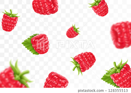 Raspberry background. Flying raspberry with green leaf on transparent background. Raspberry falling from different angles.Focused and blurry objects. 3D realistic vector. 128355513
