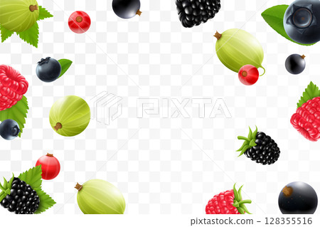 Flying raspberry, blackberry, gooseberry, currant, cranberry, and blueberry on a transparent background. Berries fall at different angles. Focused and blurry objects. 3d realistic vector. 128355516
