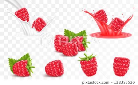 Collection of ripe raspberries isolated on transparent background. Raspberry in a splash of juice with drops, raspberries in a splash of milk or yogurt, 3d realistic vector set. 128355520