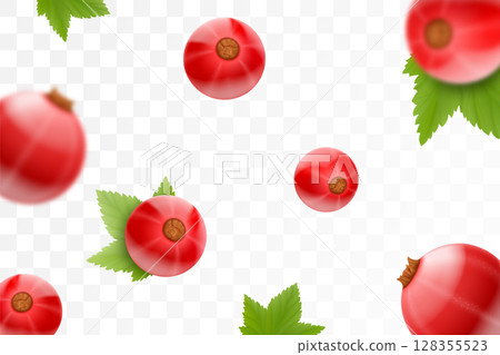 Redcurrant background. Flying red currant with green leaf on transparent background. Currant falling from different angles. Focused and blurry objects. 3D realistic vector. Redcurrant background. Flying red currant with green leaf on transparent background. Currant falling from different angles. Focused and blurry objects. 3D realistic vector. 128355523