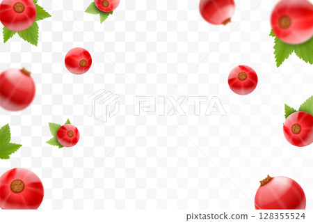 Redcurrant background. Flying red currant with green leaf on transparent background. Currant falling from different angles. Focused and blurry objects. 3D realistic vector. Redcurrant background. Flying red currant with green leaf on transparent background. Currant falling from different angles. Focused and blurry objects. 3D realistic vector. 128355524