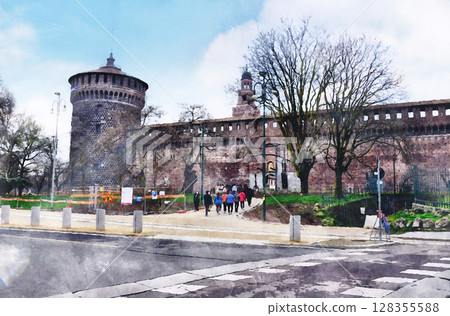 許多遊客從米蘭斯福爾扎城堡的卡米內門進入(AI 根據原始圖像生成) 許多遊客從米蘭斯福爾扎城堡的卡米內門進入(AI 根據原始圖像生成) 128355588