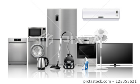 A set of household appliances: microwave oven, washing machine, refrigerator, vacuum cleaner, iron, stove, fan, air conditioner,TV, dishwasher, kettle. Realistic 3D vector, isolated 128355621